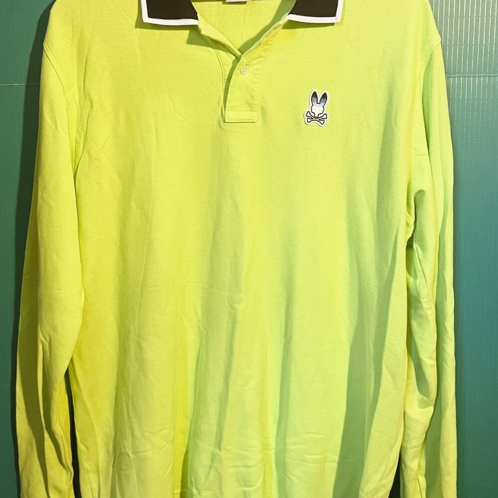 Psycho Bunny Polo Shirt XL Long Sleeve Neon Yellow Black Trim Logo Rabbit Skull